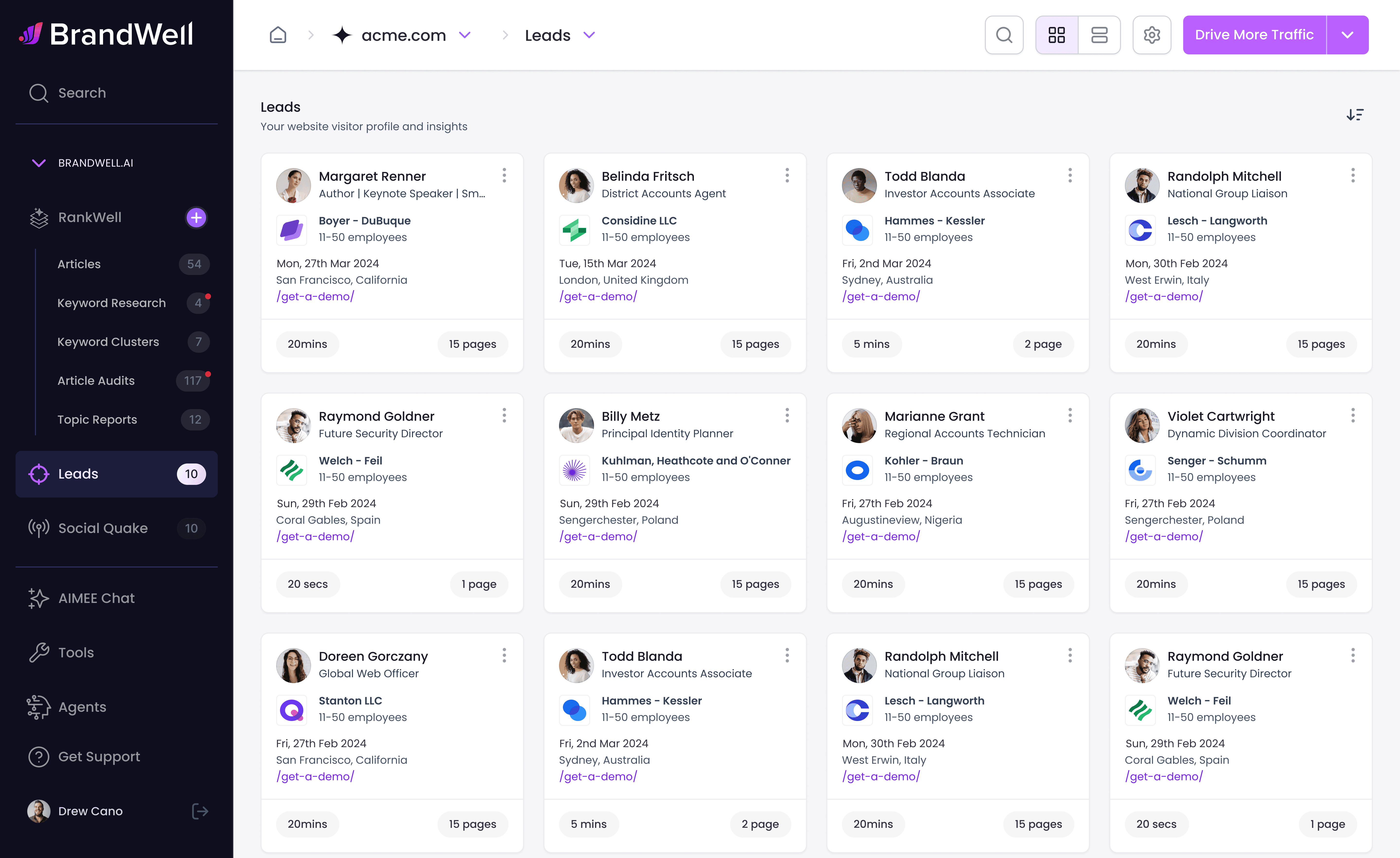 TrafficID dashboard displaying multiple visitor profiles and insights, including names, roles, and companies.